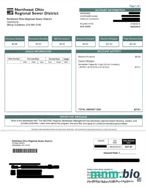 USA NRTHEAST OHIO REGIONAL sewer DISTRICT rachunek za media Word i PDF template